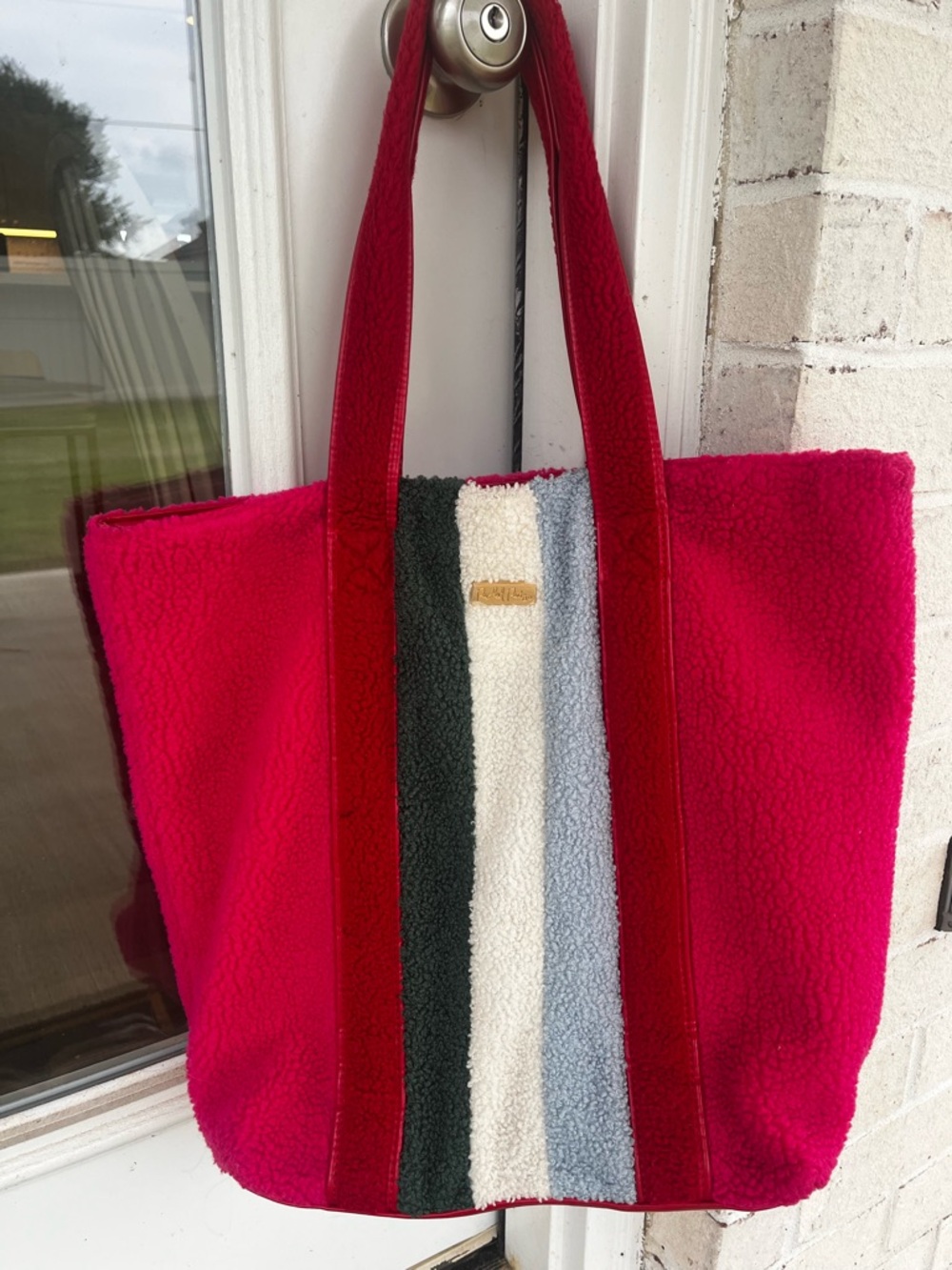 Packed Party Hot Pink, Red, Green, Blue, and Cream Striped Sherpa Tote Bag